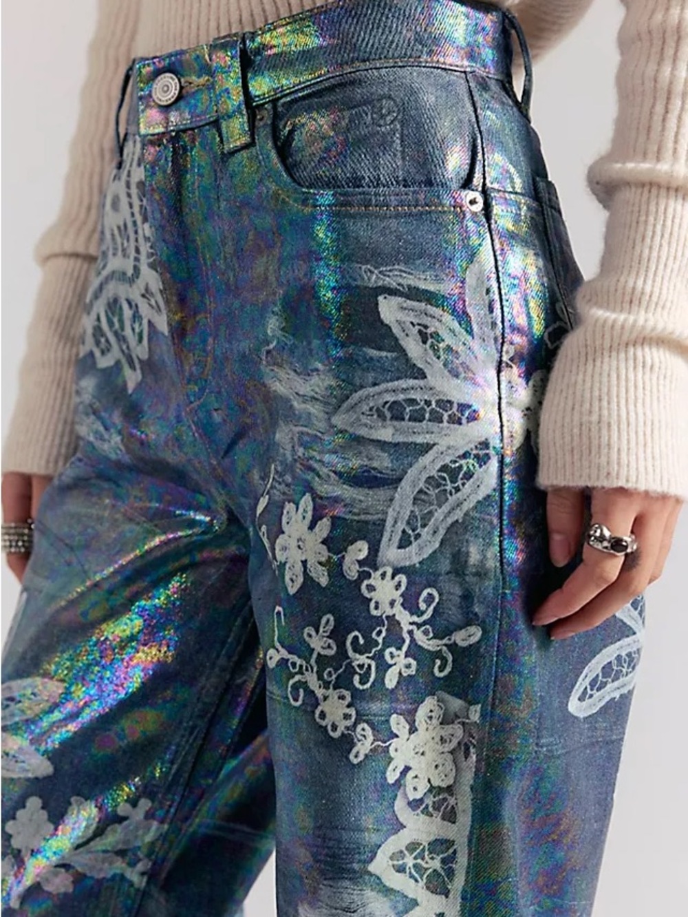 We The Free Iridescent Blue Floral High-Rise Jeans